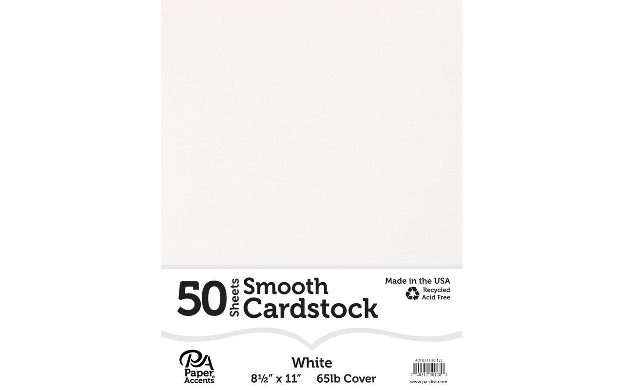 PA Paper Accents Smooth Cardstock 8.5" x 11" White, 65lb colored cardstock paper for card making, scrapbooking, printing, quilling and crafts, 50 piece pack